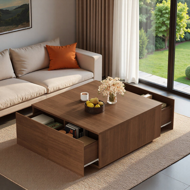 Table basse moderne carrée avec 4 tiroirs, Walnut