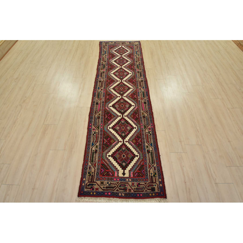 Tapis rouge rétro en laine noué à la main 2 pi 9 po x 9 pi 4 po Tribal Vintage