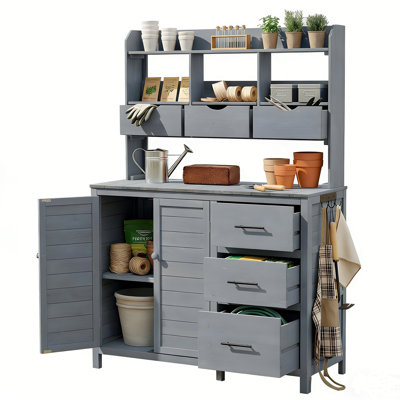 Durable Farmhouse Patio Potting Bench with 6 Drawers, Bottom Cabinet, and Side Hooks, for Gardening and Outdoor Cooking