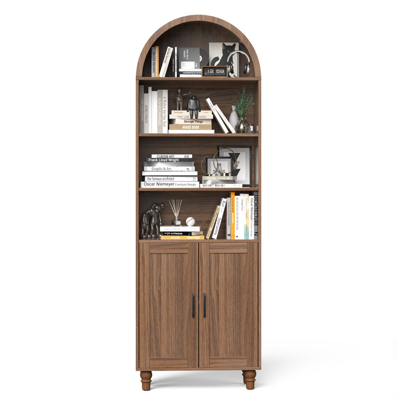Storage Bookcase, Arched Bookcase With Doors, Wood Bookshelf For Bedroom, Study, Living Room, Walnut, 1