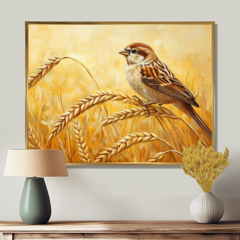 Oiseau moineau dans le champ de blé II - oiseau, art mural, H 16 po x l 32 po, Doré, Picture Framed