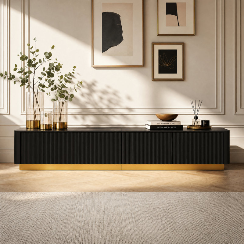 Meuble télé cannelé pour téléviseur de 85 po, console multimédia en faux marbre avec 4 tiroirs, meuble audio-vidéo moderne avec base dorée pour le salon, noir