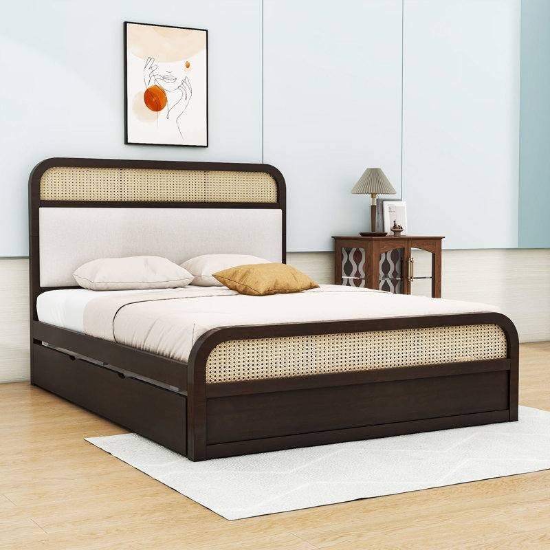 Lit plateforme grand Bayla avec coussin de tête de lit rembourré, lit gigogne simple TG, rangement pour tiroir, Espresso