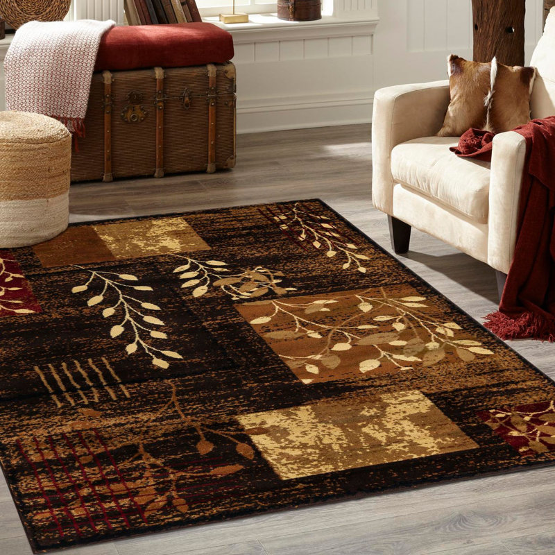 Tapis floral brun / jaune en polypropylène tissé à la machine Mehtap, Rectangle 6 pi x 9 pi