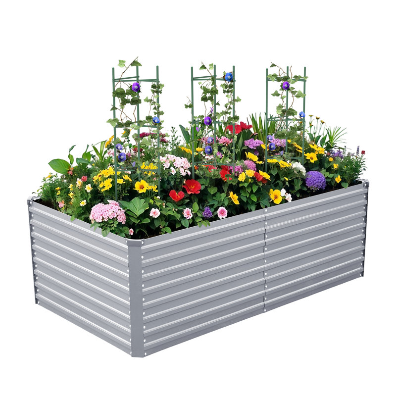 Kymari Galvanized Raised Garden Bed, Multiple Sizes to Choose, Plant Supports Offered, 1, Silver, 24" H x 72" W x 36" D