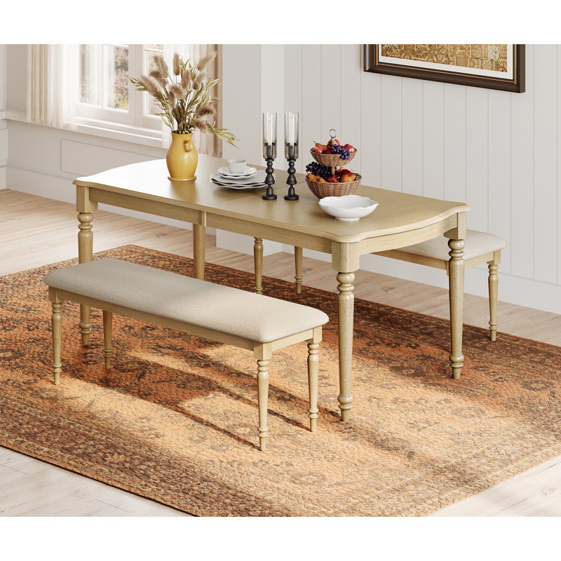 3 Piece Dining Table Set - Includes One Dining Table, 2 Upholstered Benches, Farmhouse Dining Set, Oak