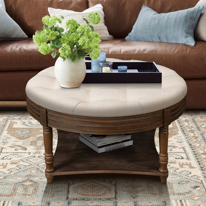 Rembourré - rond et avec rangement en tissu ouvert beige imperméable blanc, Beige + blanc