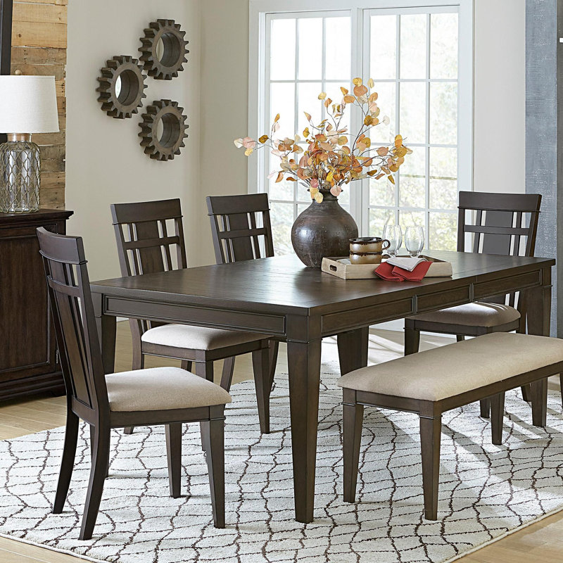 Mobilier de salle à manger à finition classique brun foncé avec banc 1 pièce en tissu beige