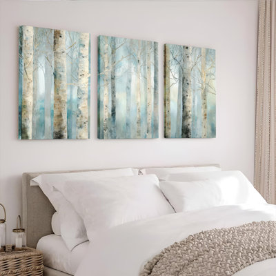Birch Tree Forest Watercolor Style Canvas Wrapped Wall Art Set of 3