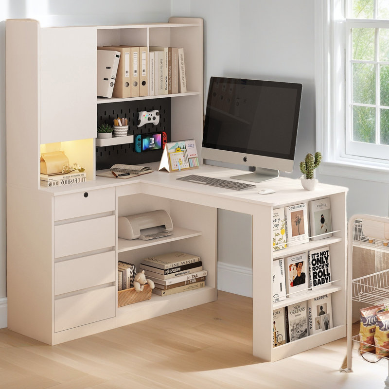 L Shaped Desk With Charger,Computer Desk With Drawers,Bookshelf & Hutchwith LED Light,Modern Corner Desk,Home Office Desk,L-Shaped Study Table Writing Desk,Corner Gaming Computer Desk With Storage