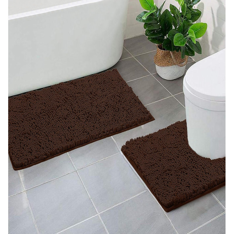 Ensemble de 2 tapis de salle de bain en chenille rouge moelleux et moelleux, Brun