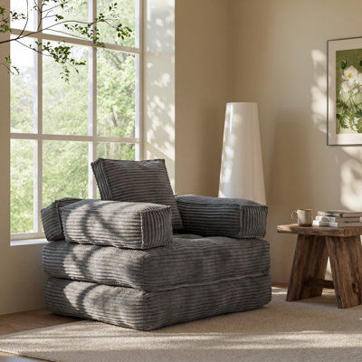 Foldable Corduroy Floor Convertible Chair with Adjustable Armrests - Convertible Sleeper Chair - Grey