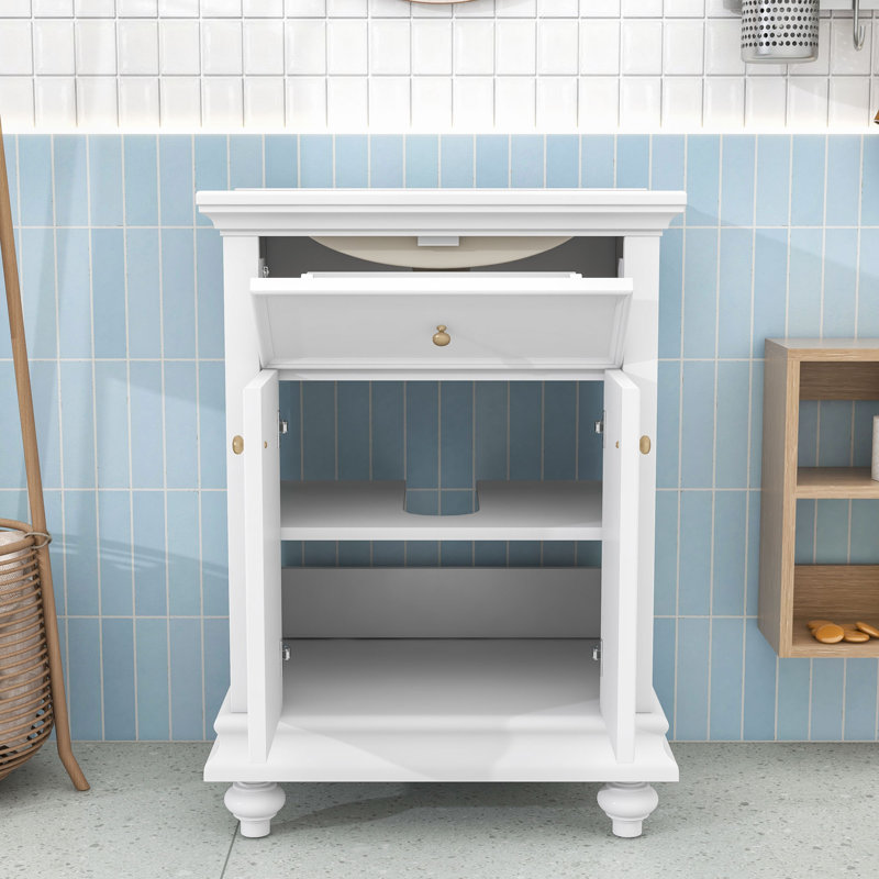 Meuble-lavabo en bois avec lavabo en céramique, tiroir et porte, White