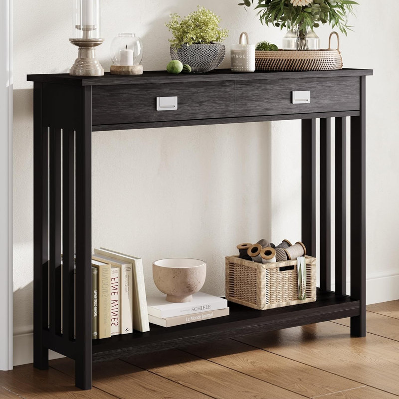 Black MDF Narrow Console Table with Drawer and Storage Shelf
