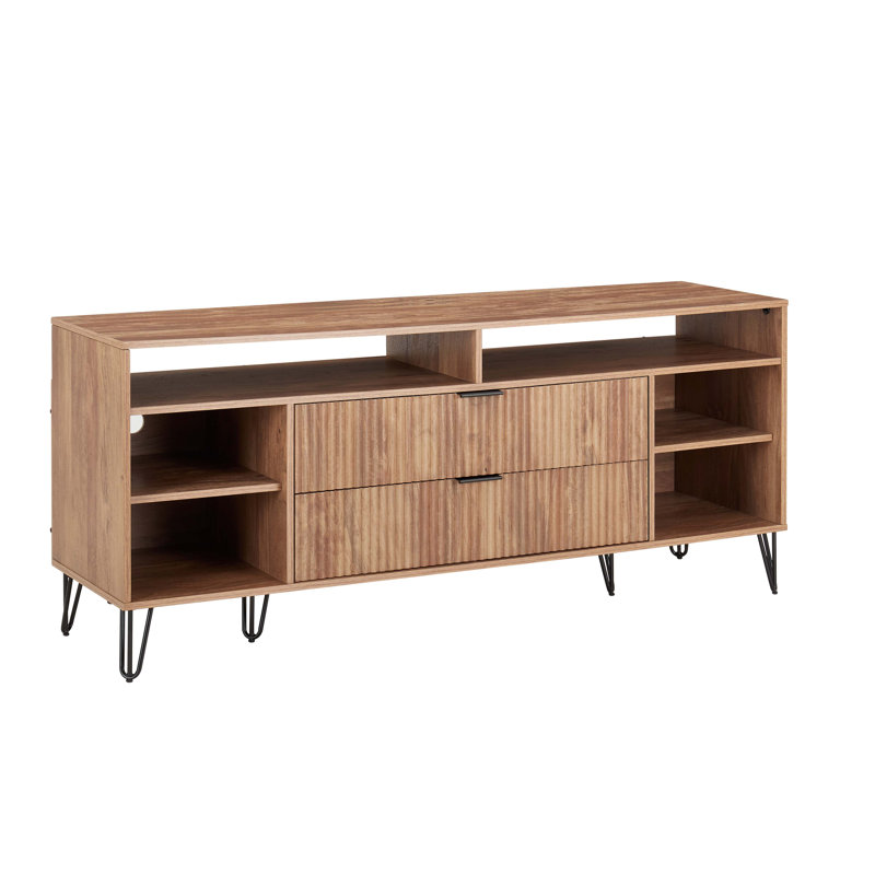DUMBO 63" Mid-Century Modern TV Stand with 6 Shelves and 2 Drawers, Golden Brown