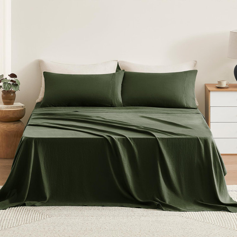 TOSMO 100% Linen Sheet Set, Queen, Forest Green