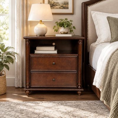 28 Inch Vintage Wooden Bedside Nightstand with Built In Charging Station and Two Storage Drawers, Spacious Open Compartment Side Table for Bedroom Living Room