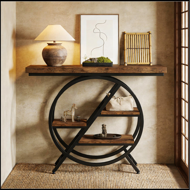 Console chic avec tablette ouverte et structure en métal, parfaite pour le vestibule ou le salon.