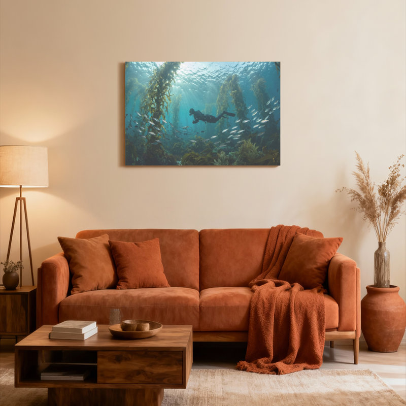 Sous-marin varech forêt plongeur et poisson, reproduction d'art sur toile tendue, ensemble de 1, H 32 po x l 48 po