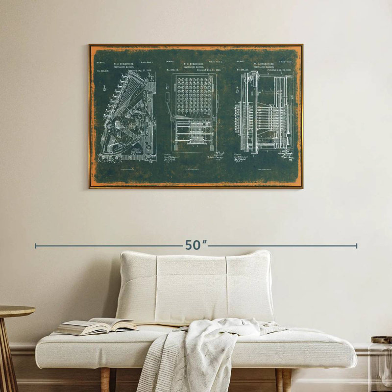 Machine à calculer brevet bleu sarcelle, Cadre flottant doré, 40 po x 27 po
