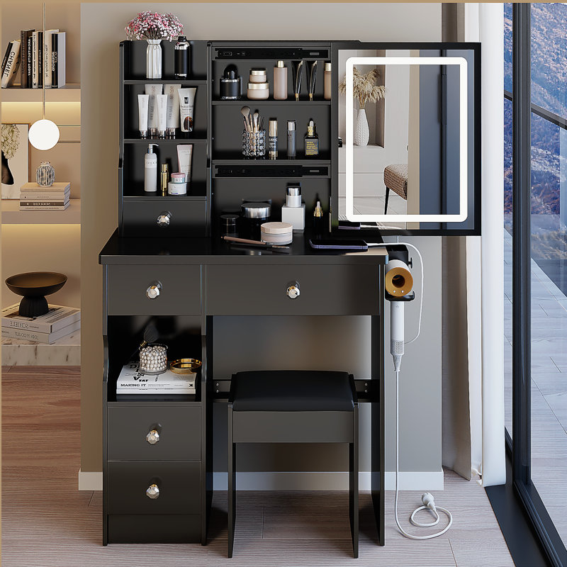 Petit meuble-lavabo de 29,2 po avec tiroir à gauche + tabouret rembourré, 2 blocs d'alimentation CA + 2 ports USB, support pour séchoir à cheveux, très grand miroir à DEL coulissant à commande tactile, changement de luminosité tricolore, réglage de la luminosité