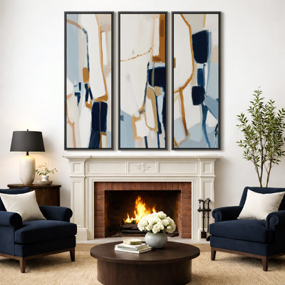 Art contemporain abstrait géométrique, photos de salon moderne bleu beige, impression sur toile encadrée, 3 pièces