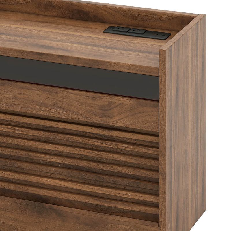 Meuble télé moderne à cannelures, centre de divertissement rétro avec lumière DEL et station de chargement USB, console multimédia en bois avec 4 tiroirs