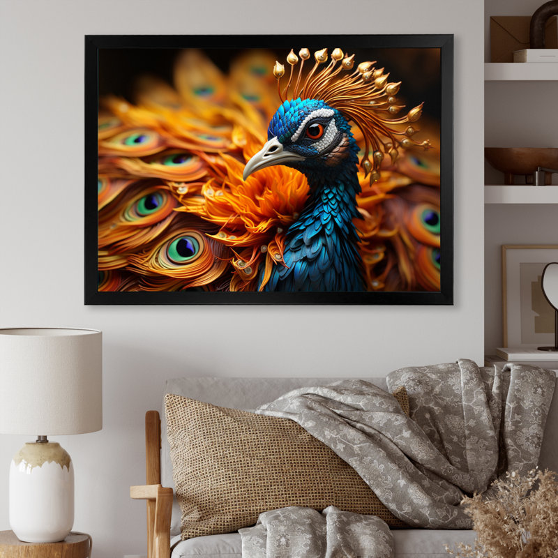 Gros plan sur un paon - animaux, impressions sur toile, H 30 po x l 40 po x P 1,5 po, Cadre photo noir