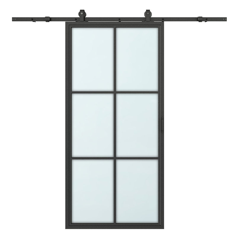 Sliding Metal Frame Glass Barn Door With Handle And Installation Hardware Kit, Frost
