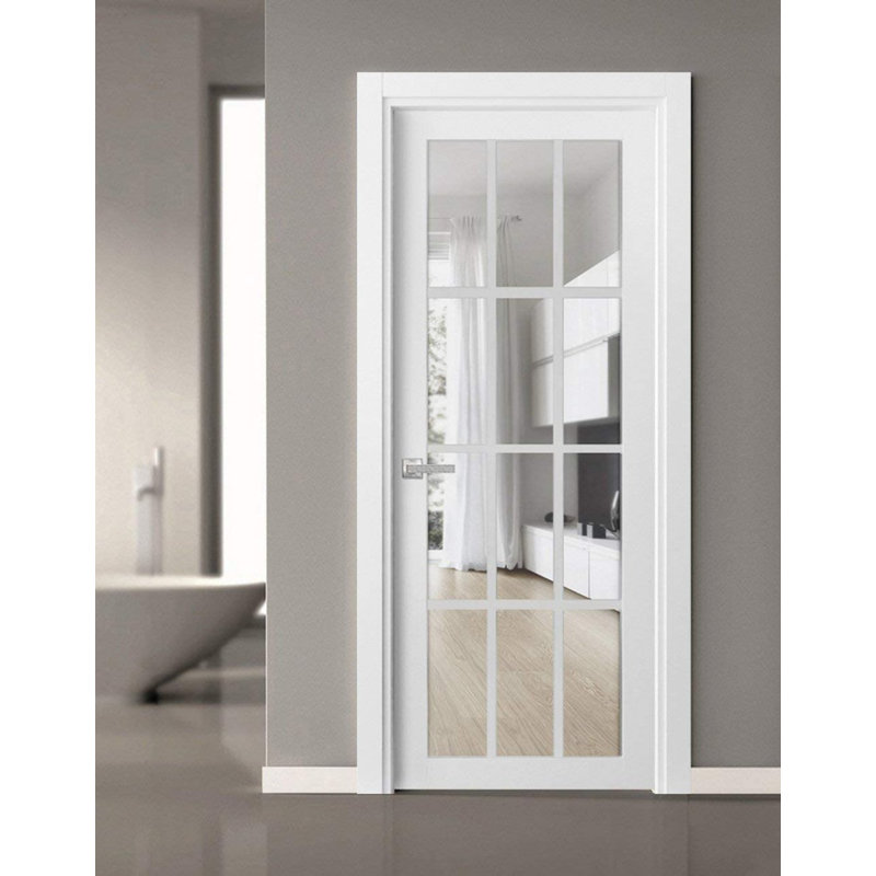 Porte de garage prémontée à la française, vitrage transparent 12 carreaux, modèle Felicia 3355 Blanc Soie, panneau simple standard, cadre, poignées, idéale pour salle de bain ou chambre à coucher. Porte robuste - 81 cm x 203 cm