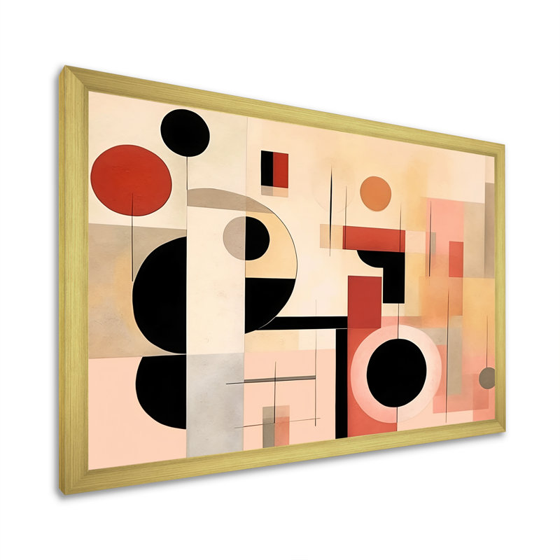 «Cubism Scandinavian Coral», reproduction d'art sur toile, Cadre doré simple, H 34 po x l 44 po x P 1,5 po
