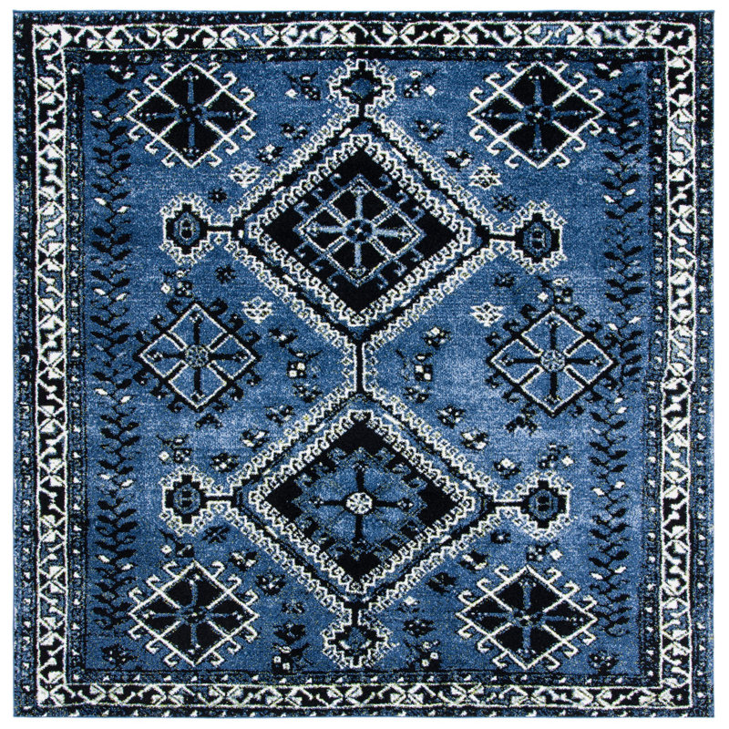 Tapis bleu / noir Southwestern, Carré 6 pi 7 po