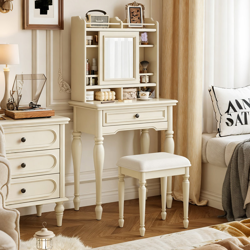 Coiffeuse blanche en bois massif avec miroir