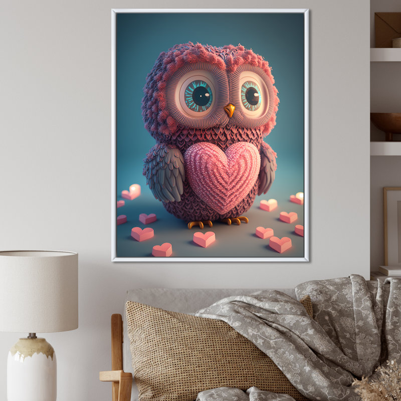 Adorable petite chouette cœur rose tricoté sur toile, H 44 po x l 34 po x P 1,5 po, Cadre flottant blanc