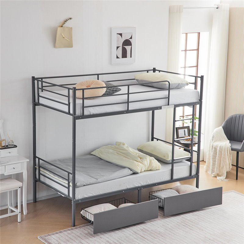 Twin Over Twin Convertible Bunk Bed With 2 Storage Drawers, Gray