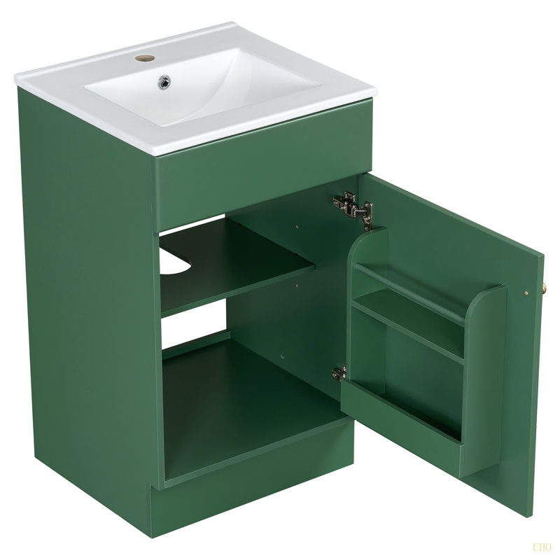 Meuble-lavabo de 20 po avec lavabo, meuble-lavabo avec tablette de porte et tablette réglable, Vert / doré