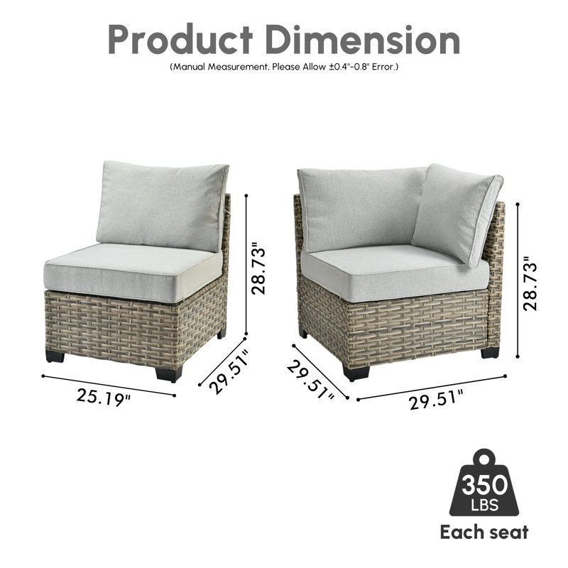 Wahkon Outdoor Patio Sofa Wicker Modular Sectional Set With Cushions, Light Gray