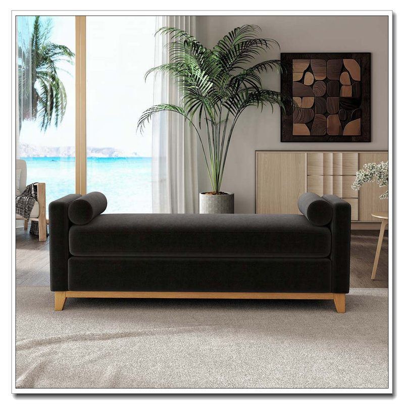 Banc rembourré en bois massif, 66.34 inch, Black+Natural