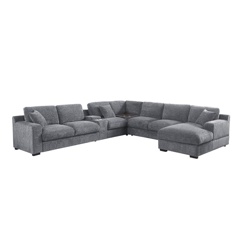 141.5" Chenille Fabric Corner Sectional Sofa With Right-Facing Chaise, Cupholders, And Charging Ports, Light Gray Chenille