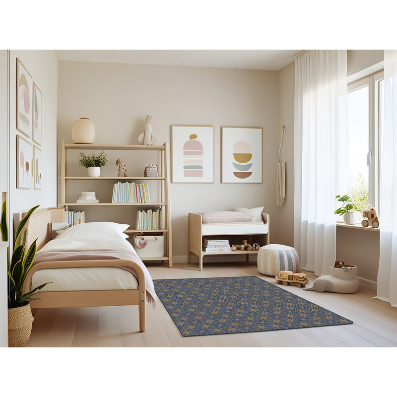 Tapis jaune/bleu marine à motifs Hinojosa, Rectangle 3 pi x 5 pi