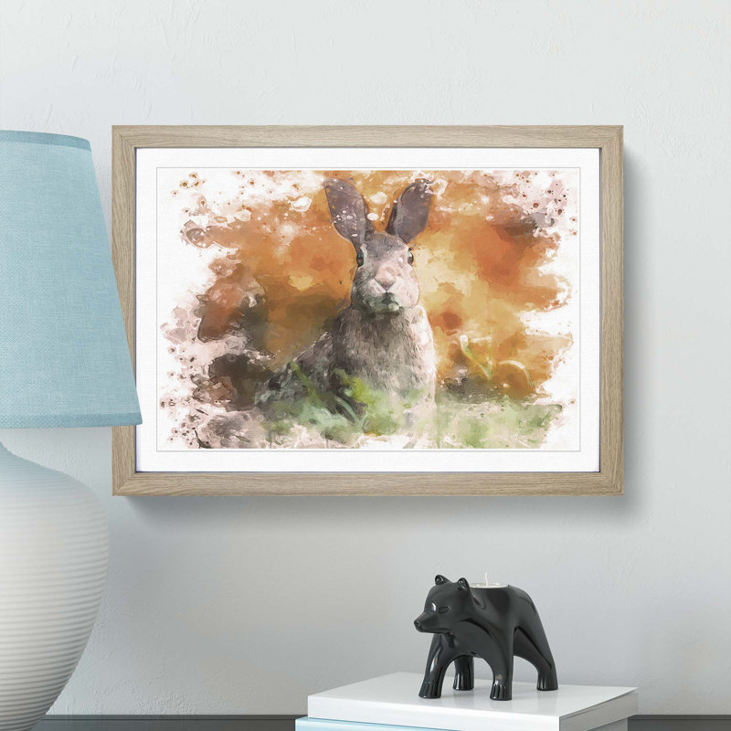 Hare in a Meadow in Abstract - Picture Frame Painting Print, 36cm H x 48cm W x 2cm D, Oak Framed