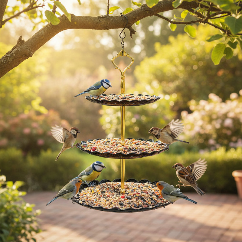 Mangeoire d'oiseaux en plastique à 3 niveaux pour la décoration de jardin, de patio et de cour, Noir