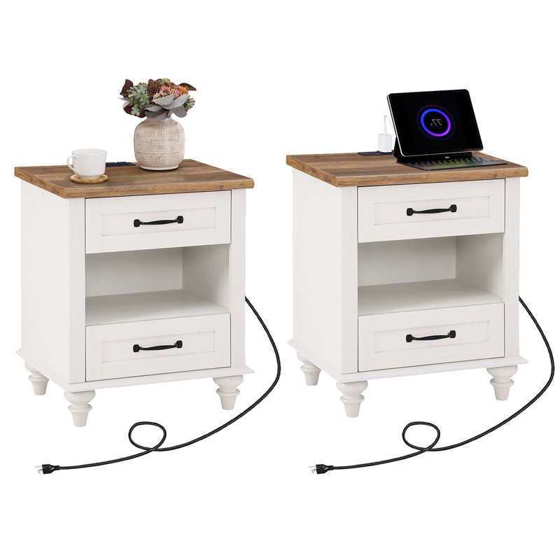 Endymion - Drawer End Table Set and Built-In Outlets, Brown/White, 2