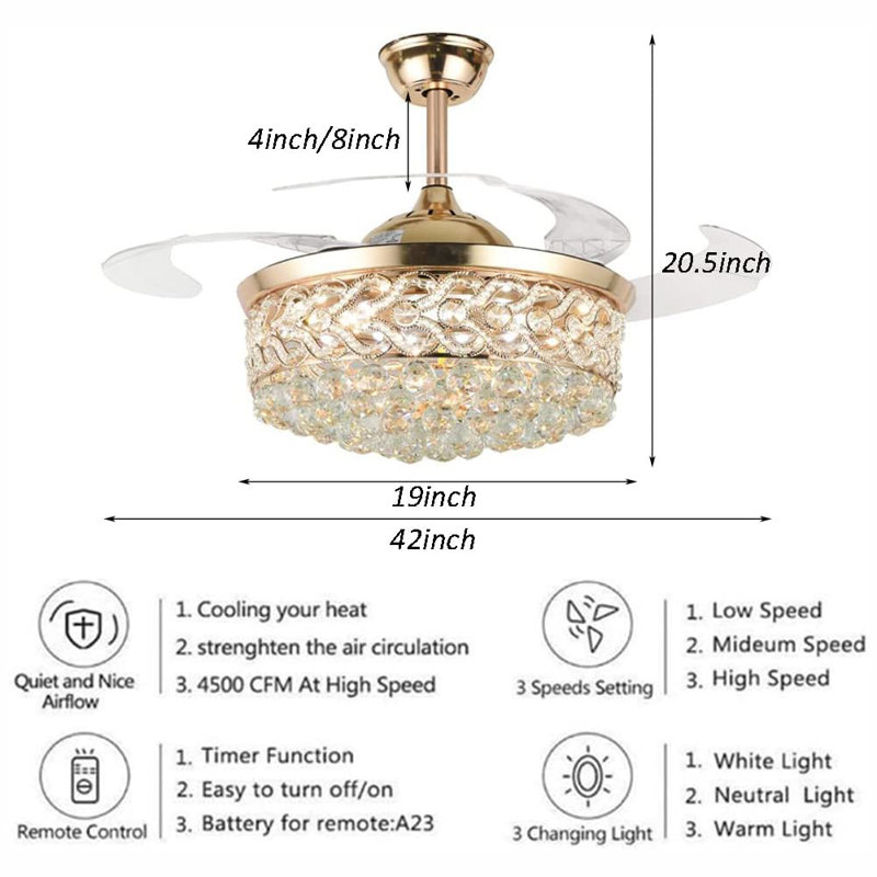 42'' Crystal Ceiling Fan With LED kit and Remote Control, Champagne Gold