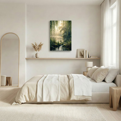 Sunlit Stream Flowing Through Mossy Rocks Under Hanging Willow Leaves Canvas Wall Art