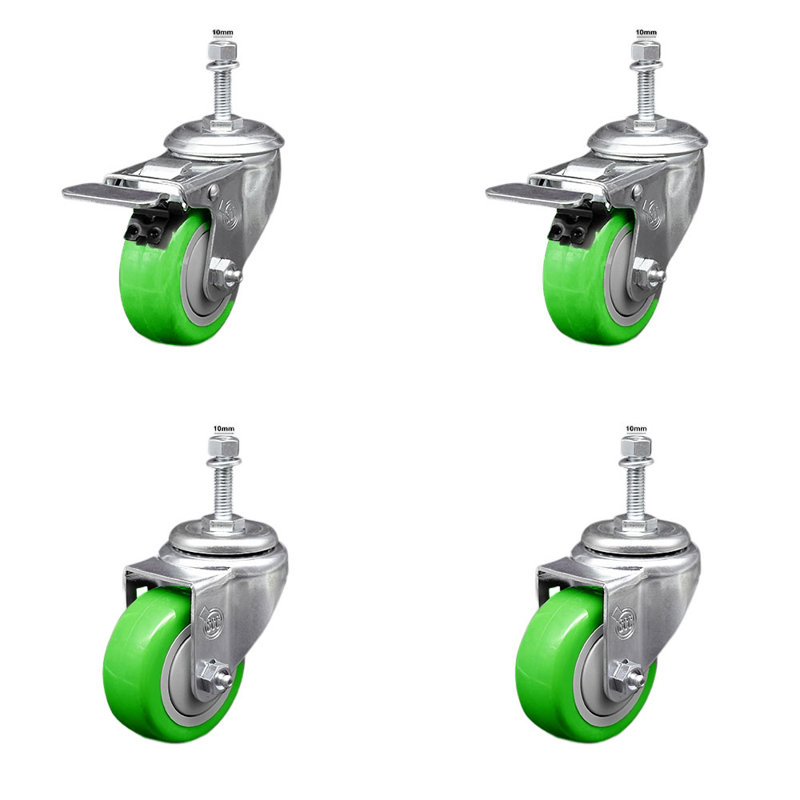 Ensemble de 3 roulettes à tige filetée en polyuréthane 3 pouces et 2 freins à verrouillage total, Vert