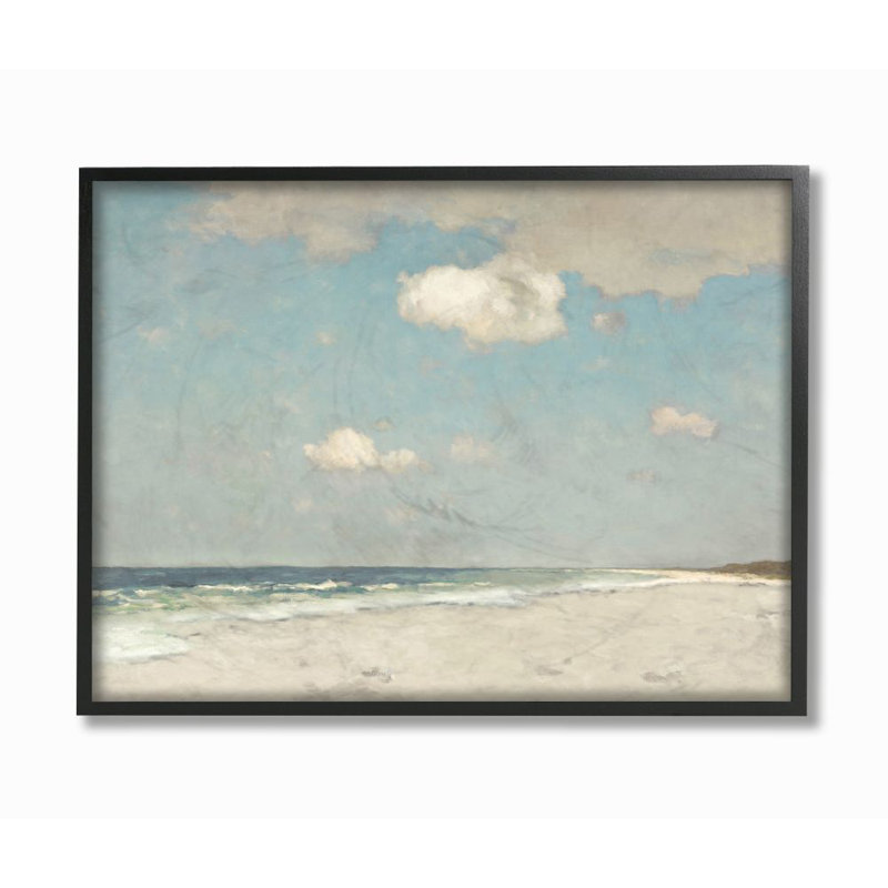 «Beach Landscape Neutral Blue» par Christy McKee - reproduction d'art, H 16 po x l 20 po, Cadre noir
