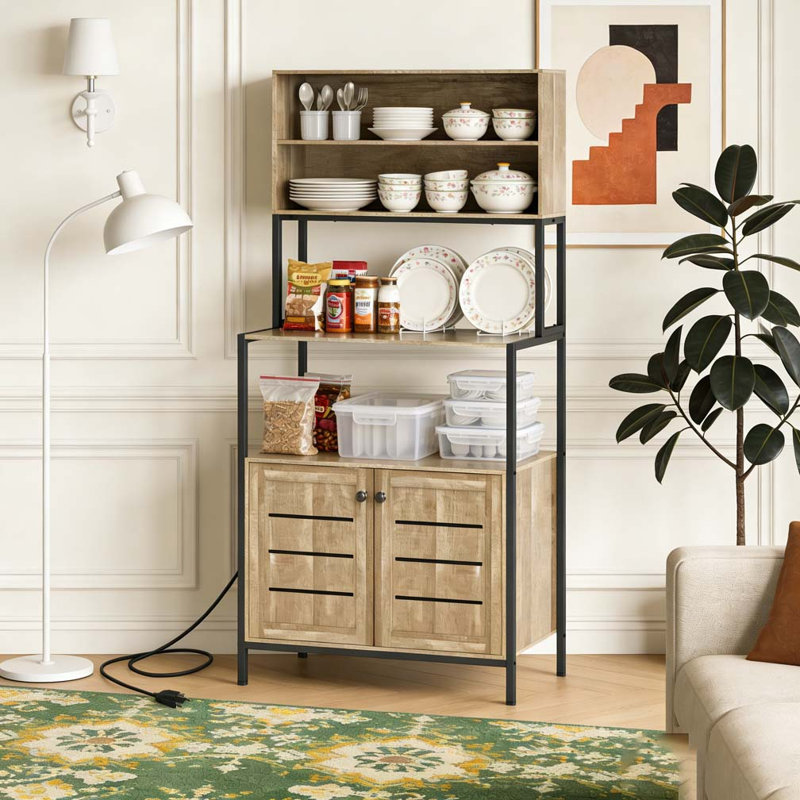 Station de café, support avec prise de courant et tablettes de rangement, Gris