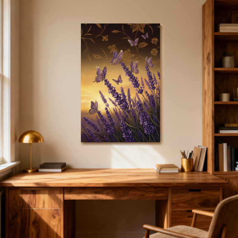 Plantes et fleurs sur fond de coucher de soleil sur fond de papillons lavande, H 18 po x l 12 po