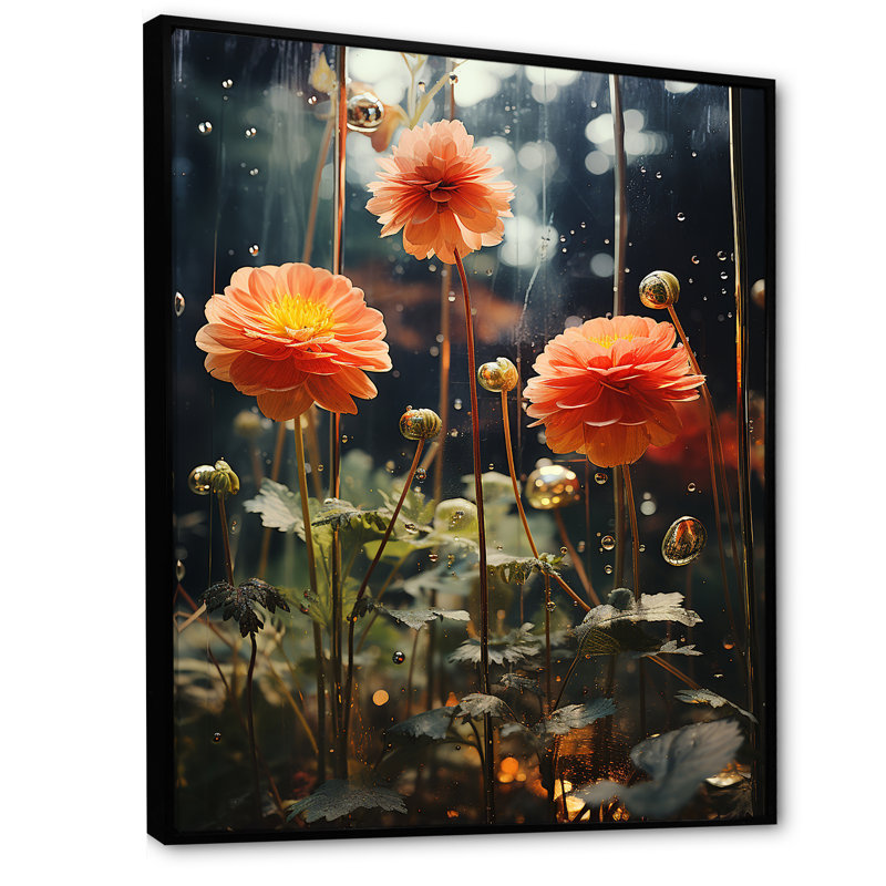 "Fleurs de zinnias orange et vertes", H 40 po x l 30 po x P 1,5 po, Cadre flottant noir